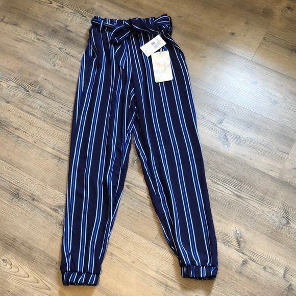 Harmony + Havoc Soft Paper-bag Style Striped Pants - Picture 1 of 5